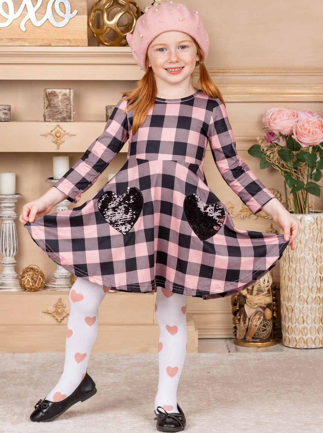 Kids Valentine's Clothes | Plaid Sparkle Pocket Dress & Knee Socks Set