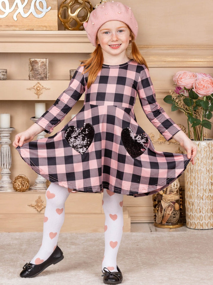 Kids Valentine's Clothes | Plaid Sparkle Pocket Dress & Knee Socks Set