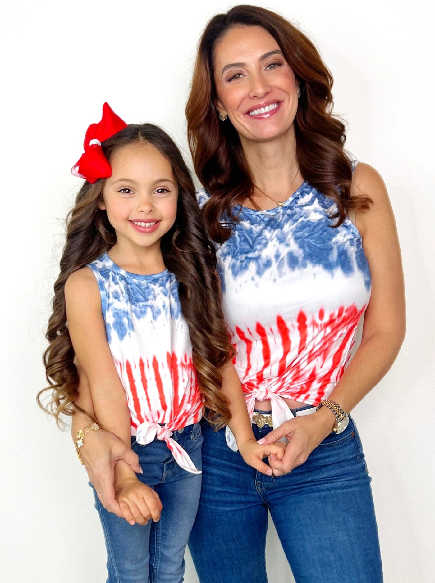 Mommy And Me Tie Dye US Flag Knot Hem Tank Top | Mia Belle Girls
