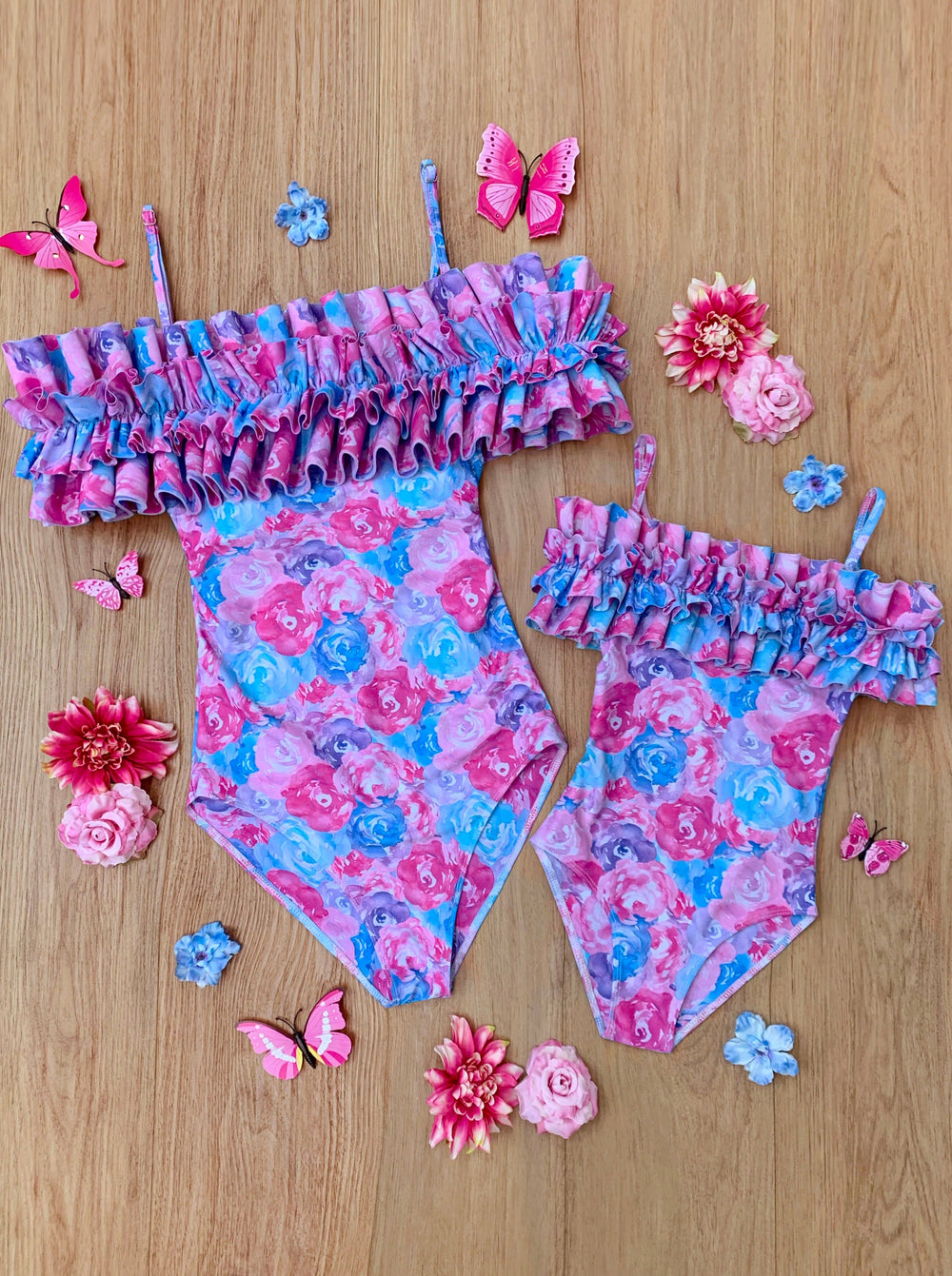 Mommy And Me Ruffle Shoulder One Piece Swimsuit | Mia Belle Girls