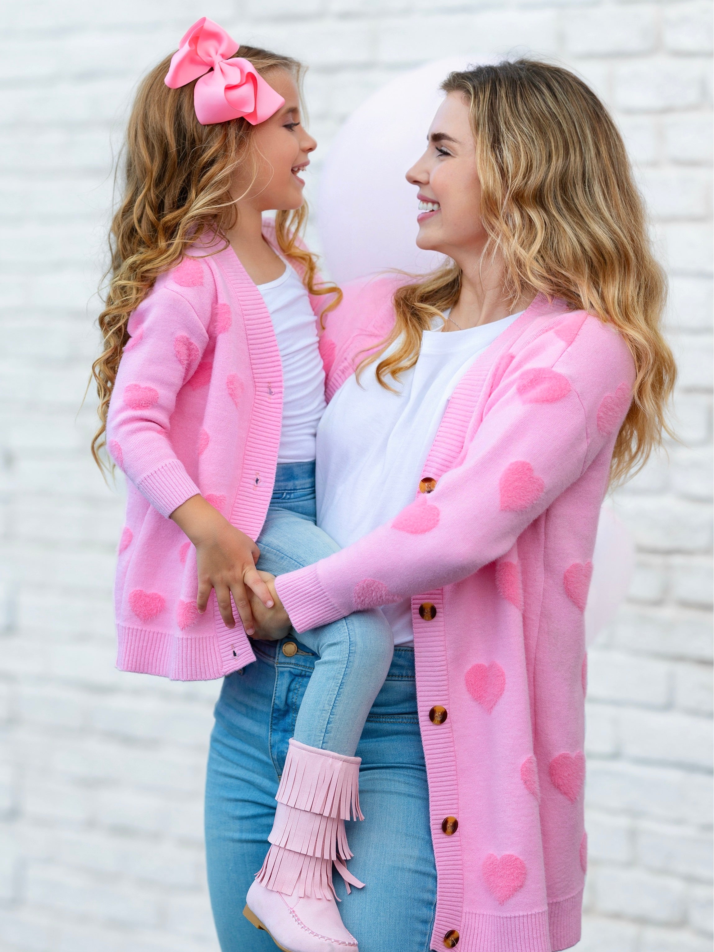 Mommy and Me Cardigans | Fuzzy Heart Print Oversized Cardigan