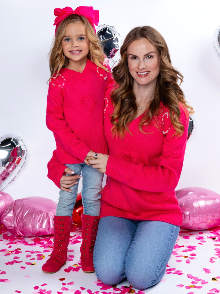 Mommy & Me Pearl Embroidered Heart Sweater