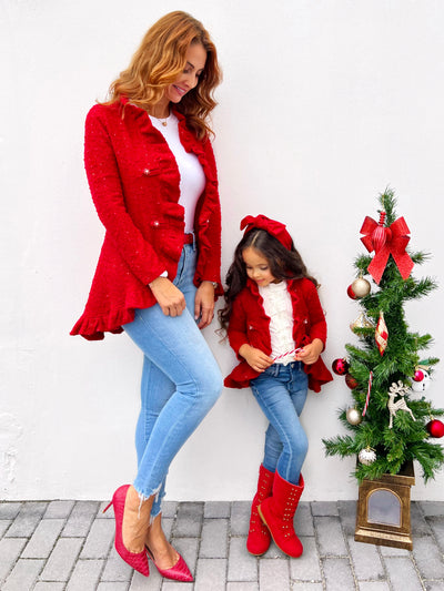 Mia Belle Burgundy Blazer Ruffle Cardigan | Mommy and Me Clothes