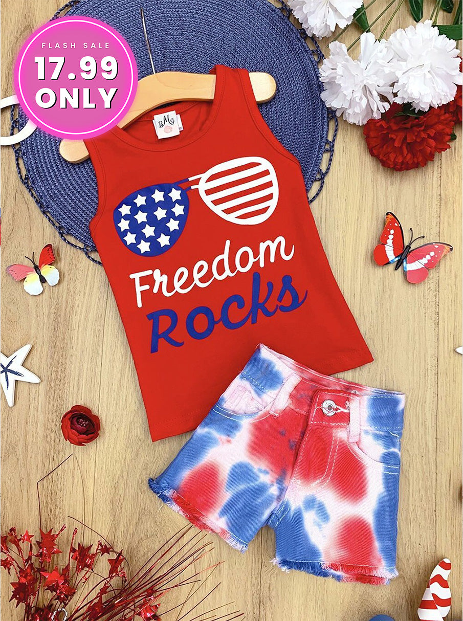 Freedom Rocks Tie Dye Denim Shorts Set