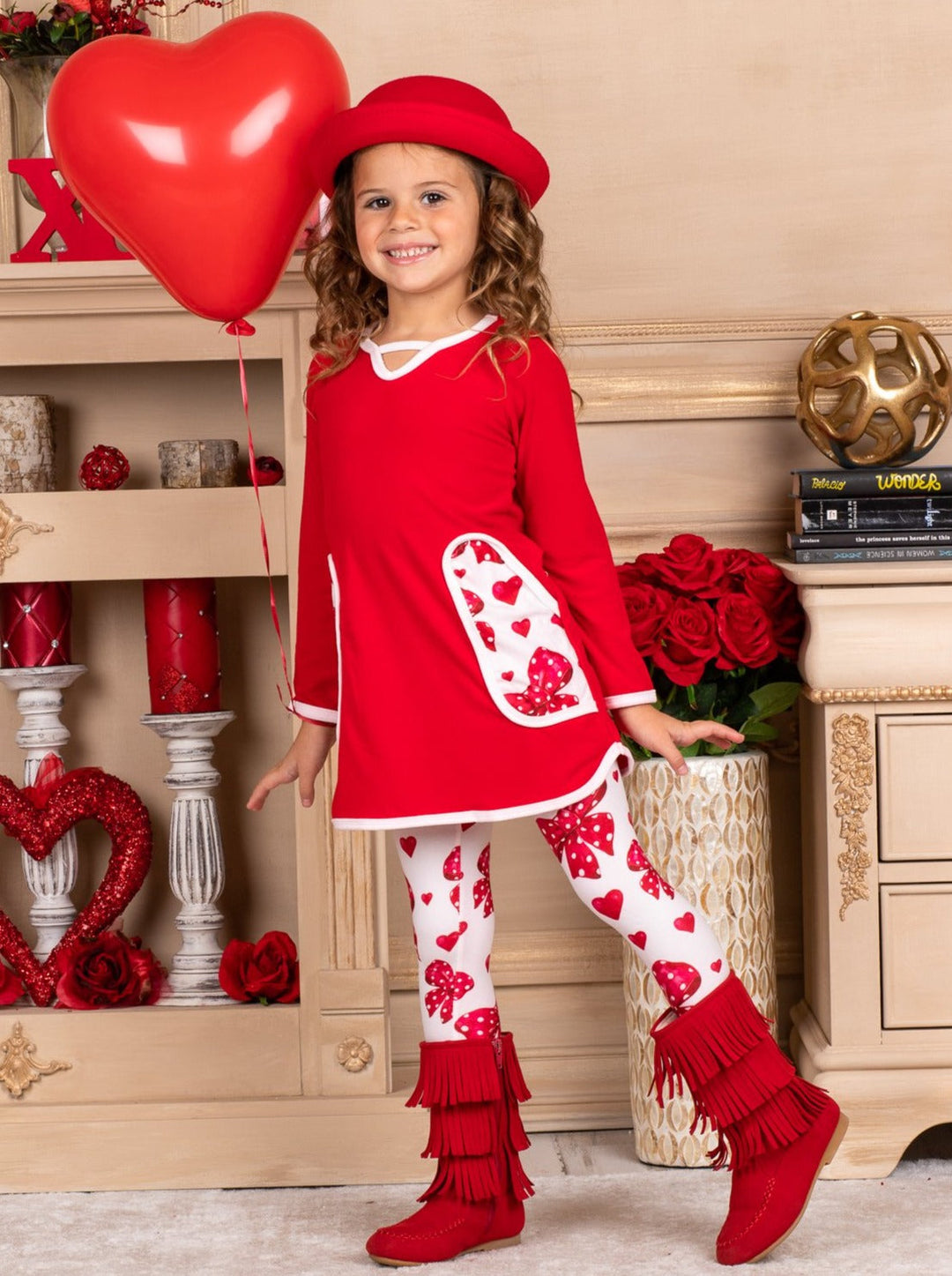 Girls Valentine's Clothes | Pocket Tunic & Heart Print Legging Set