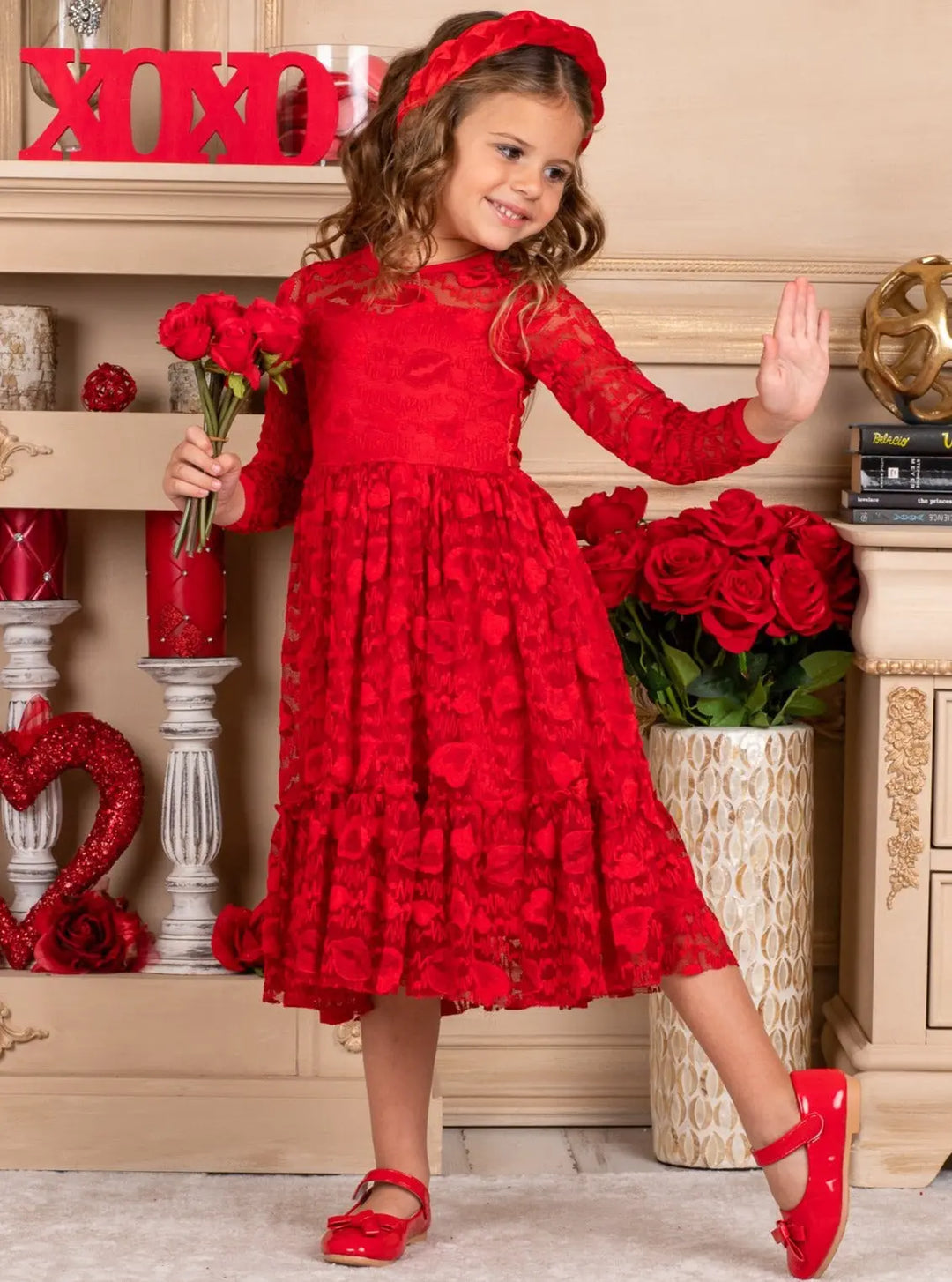 Girls Heart Lace Ruffled Dress with Sash Girls Heart Lace Ruffled Dress with Sash
