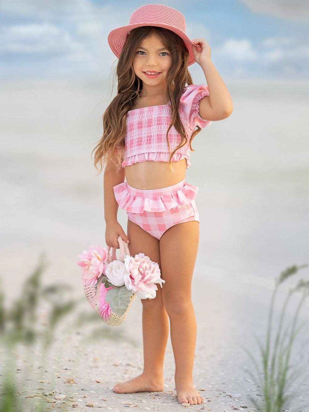 Pink Gingham Smocked Puff Sleeve Two-Piece Swimsuit