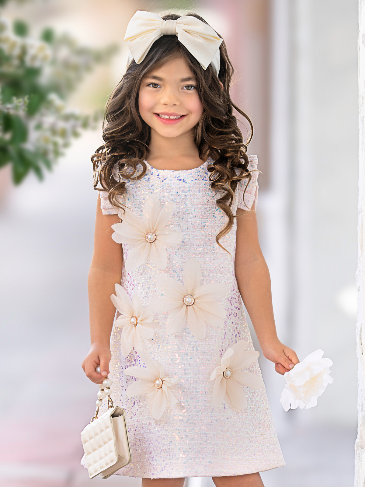 Pink Sequin Daisy Pearl-Accent Shift Dress – Mia Belle Girls