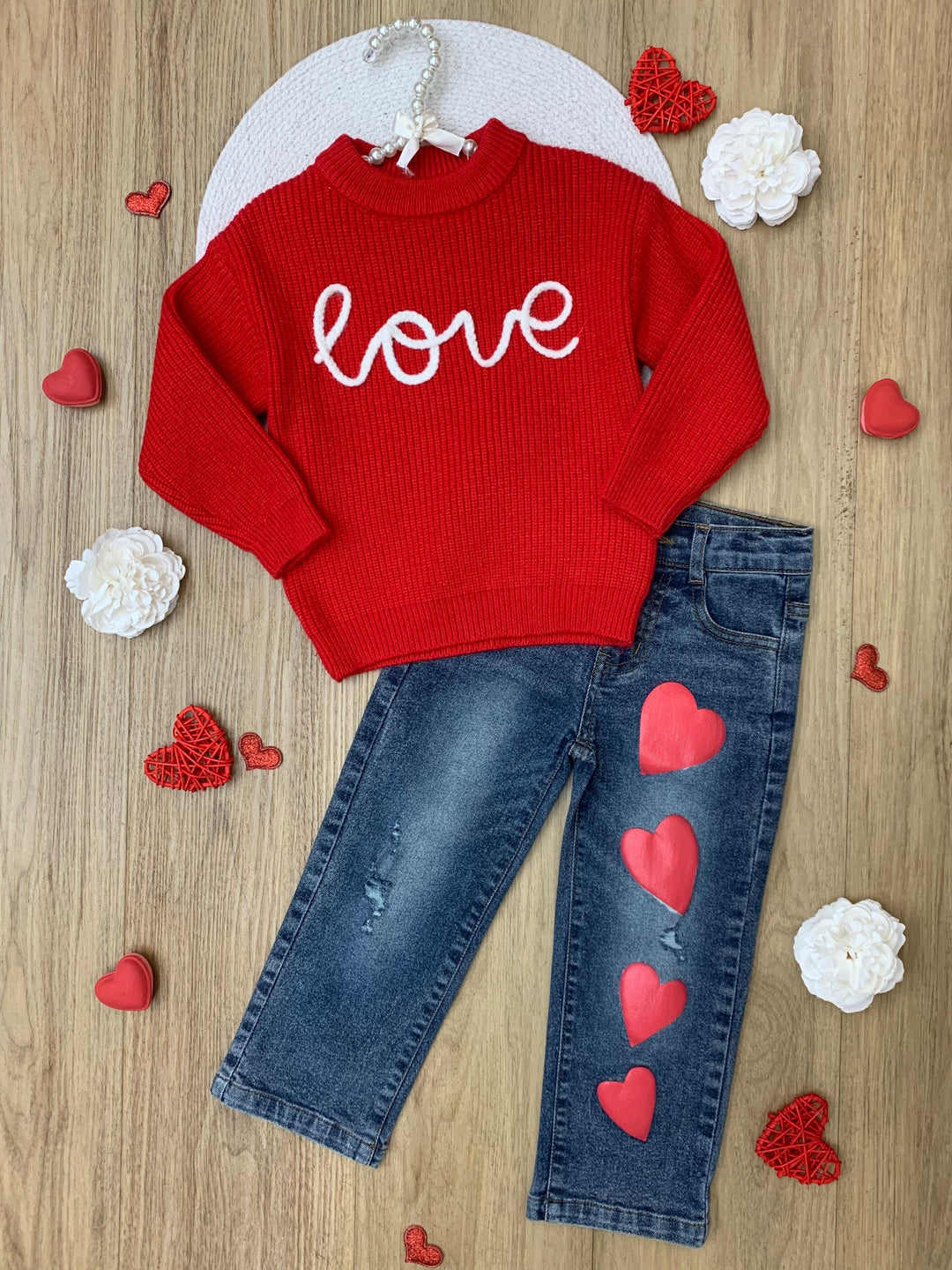 Red Love Sweater and Heart Denim Pant Set – Mia Belle Girls
