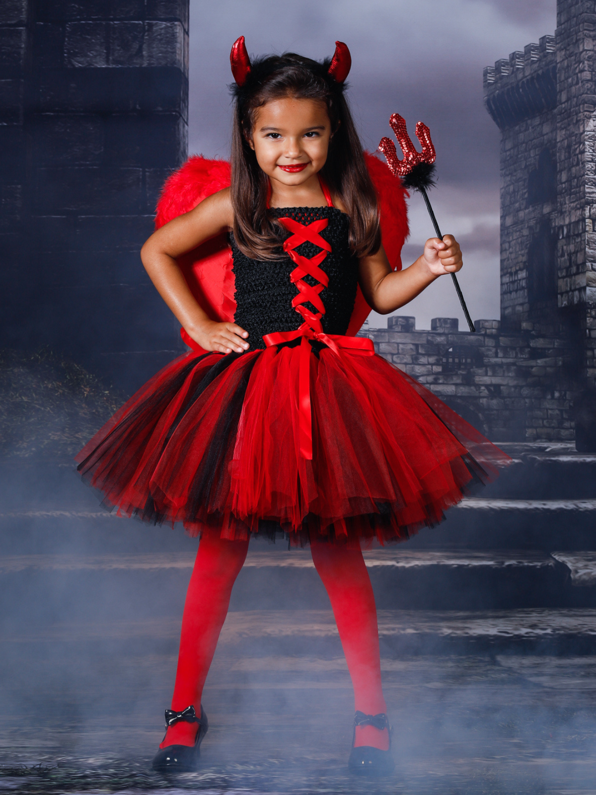 Girls Black & Red Tulle Devil Halloween Costume Dress - Mia Belle Girls