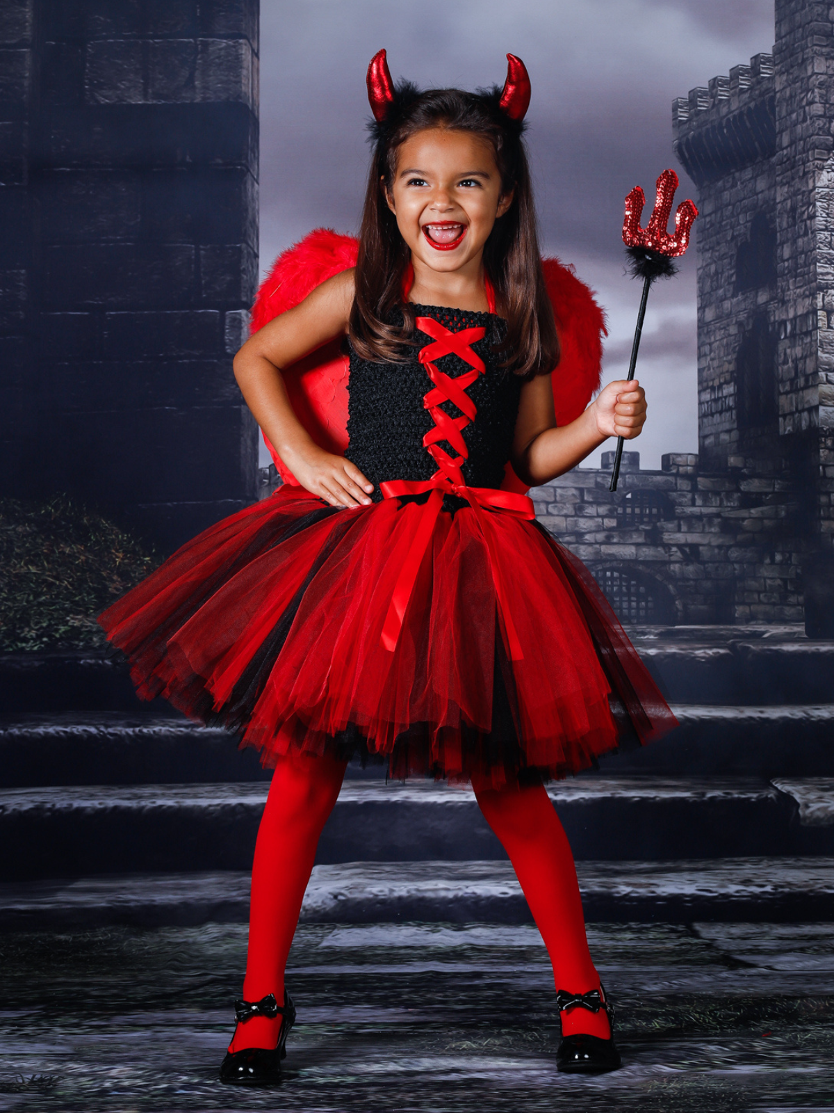 Girls Black And Red Tulle Devil Halloween Costume Dress Mia