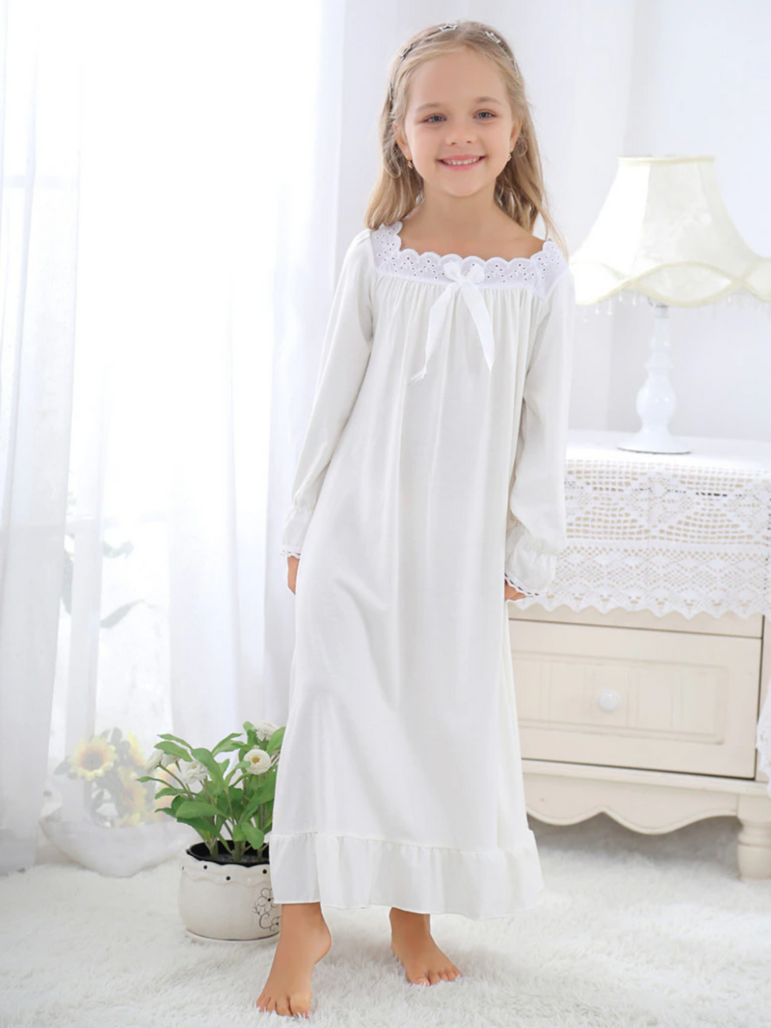 Mia Belle Girls Long Sleeve White Nightgown Girls Loungewear