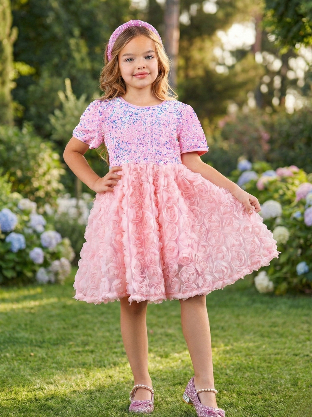 Girls pink sequin birthday dress with rosette tulle skirt and short sleeves