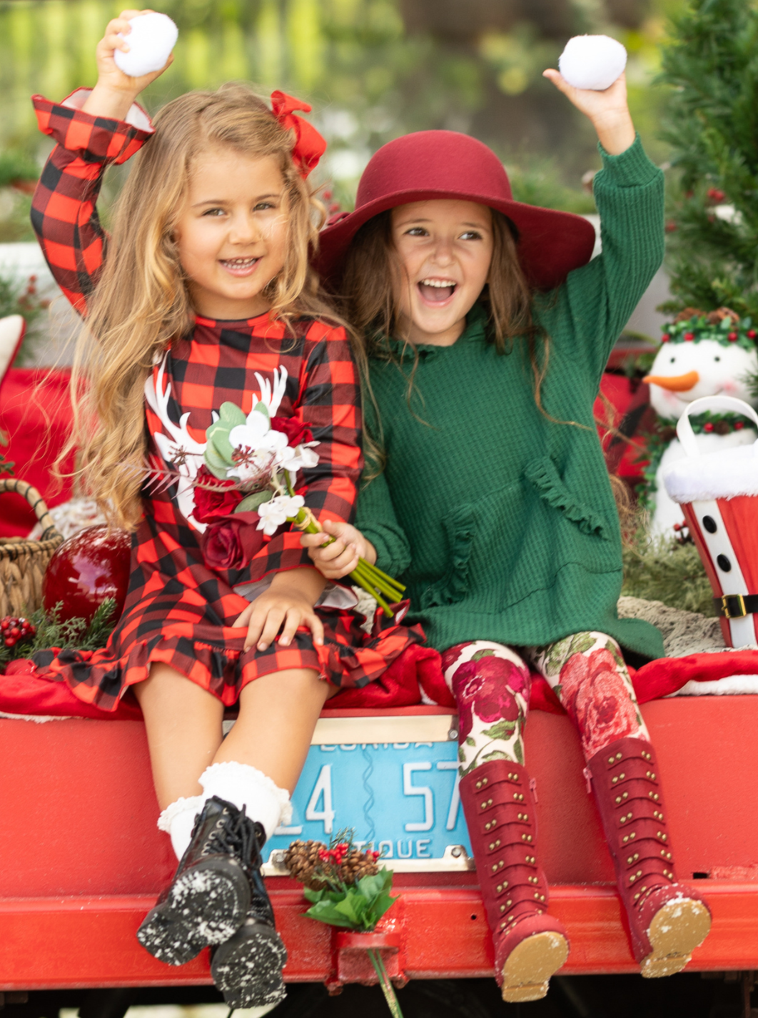 Toddler Clothing Sale | Girls Checkered Plaid Reindeer Ruffled Dress