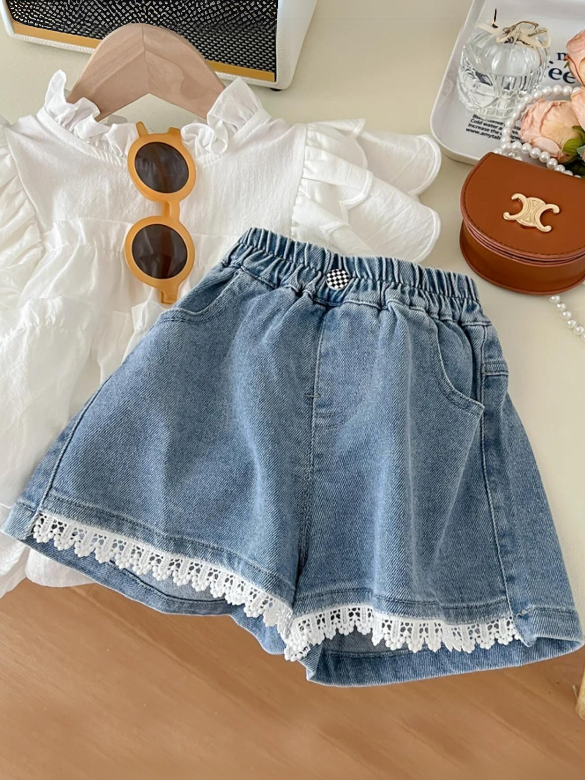 Mia Belle Girls White Top And Denim Short Set | Girls Spring Outfits
