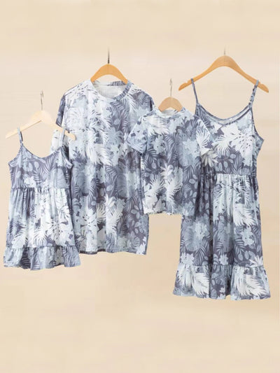 Family Matching Outfits | Grey Tropical Dress & Tee | Mia Belle Girls
