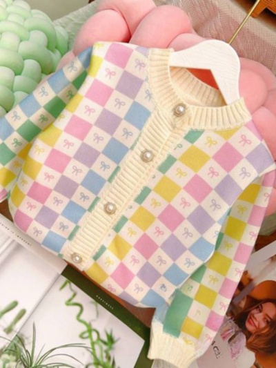 Mia Belle Girls Checkered Pastel Knit Cardigan | Girls Winter Sweaters
