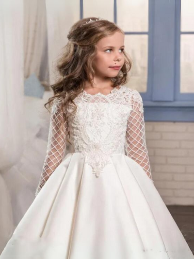 Mia Belle Girls Communion Dresses | White Lace Sleeve Pleated Gown