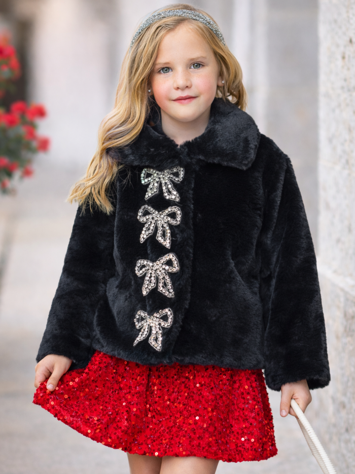 Sparkling Bow Faux Fur Coat