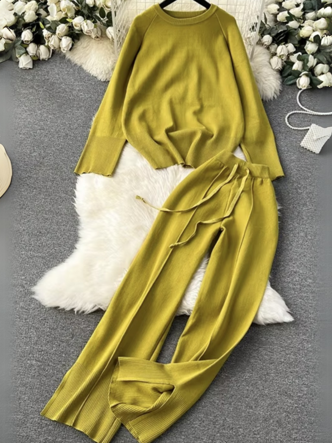 Womens Cozy Knit Long Sleeve Sweater Wide Leg Pants Two Piece