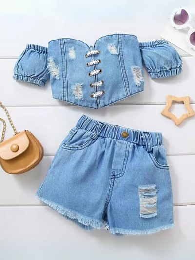 Denim Corset Top And Shorts Set | Cowgirl Fashion | Mia Belle Girls