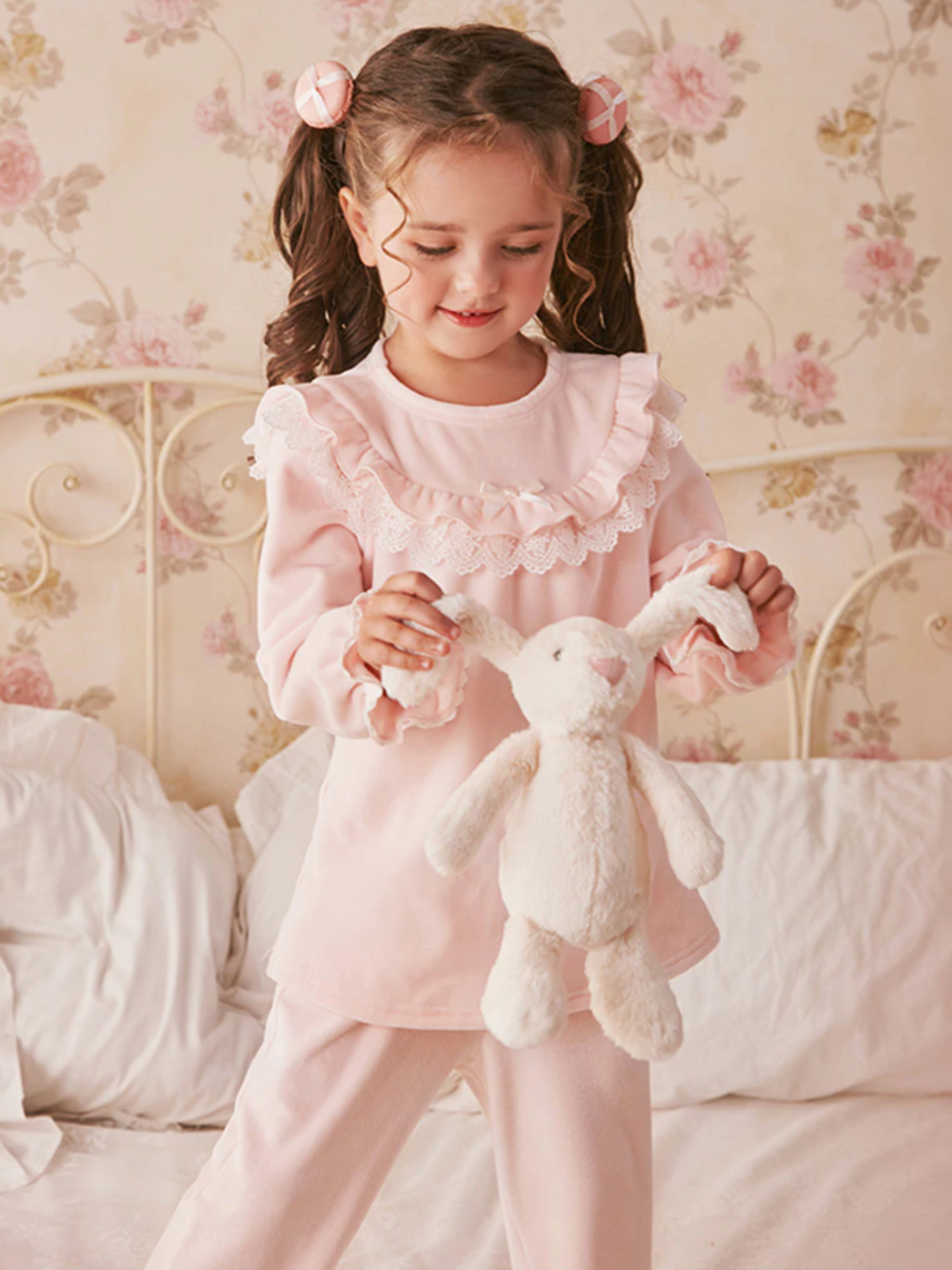 Mia Belle Girls Lace Bib Collar Pink Pajamas | Girls Loungewear