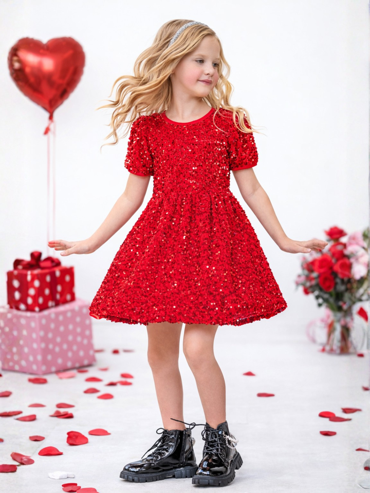 Glam Sparkle Sequin Puff Sleeve Dress
