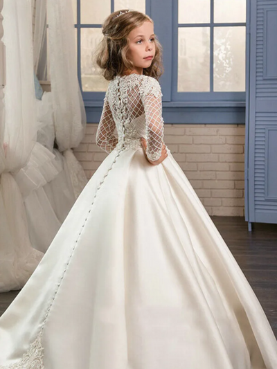 Mia Belle Girls Communion Dresses | White Lace Sleeve Pleated Gown