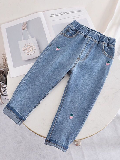 Mia Belle Girls Strawberry Embroidered Blue Jeans | Girls Casual