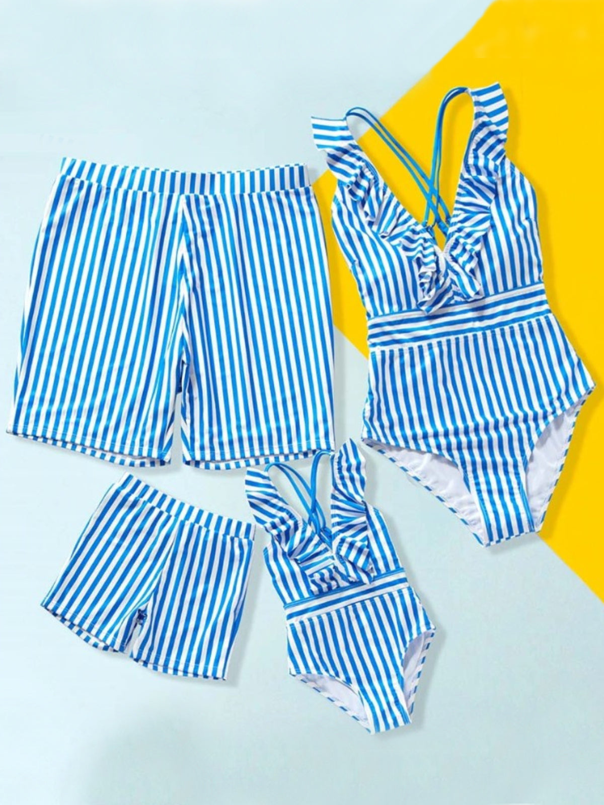 Family Swimsuits | Blue Pinstripe Swimsuits & Trunks | Mia Belle Girls