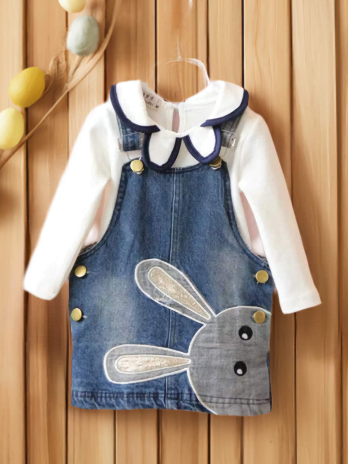 Peekaboo Bunny Face Denim Overall Dress Set