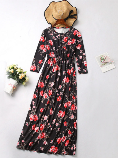 Mommy & Me Matching Fall Long Sleeve Floral Print Maxi Dress