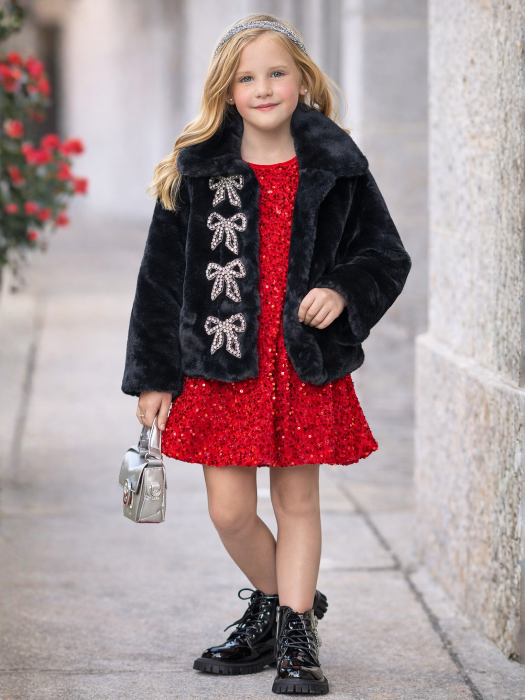 Sparkling Bow Faux Fur Coat