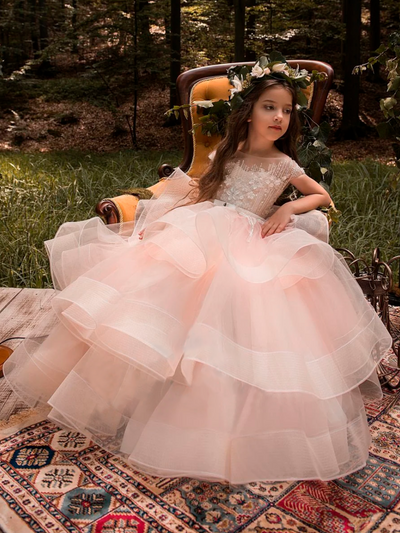 Spring Flower Girl Dresses | Lace Bodice Tiered Ruffle Tulle Gown