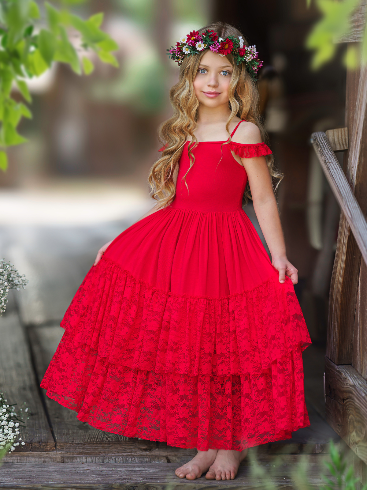 Mia Belle Girls Red Lace Ruffle Tiered Maxi Dress
