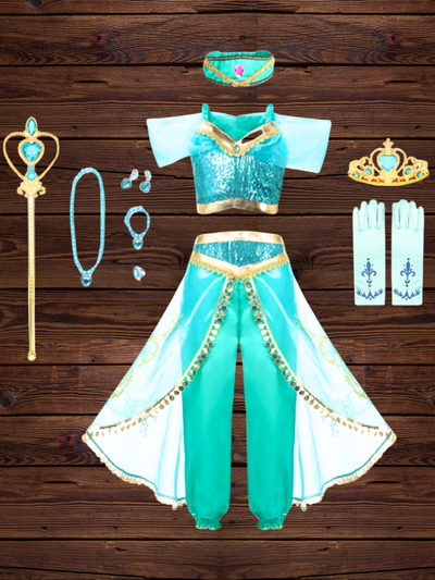 Girls Princess Jasmine Inspired Satin Organza Costume Accessories Set