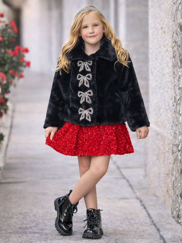 Sparkling Bow Faux Fur Coat