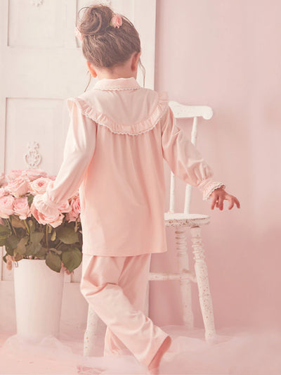 Mia Belle Girls Ruffle Collar Pink Pajamas | Girls Loungewear