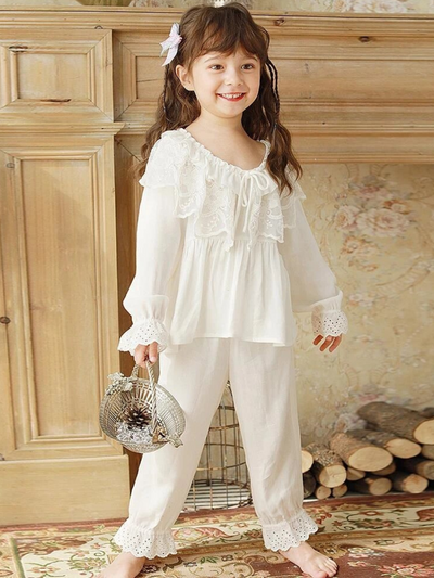 Mia Belle Girls White Lace Pajamas | Girls Loungewear