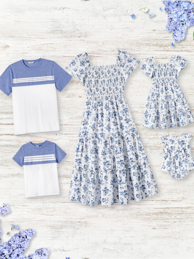 Family Style Blue Floral Shirt & Dress Matching Outfit