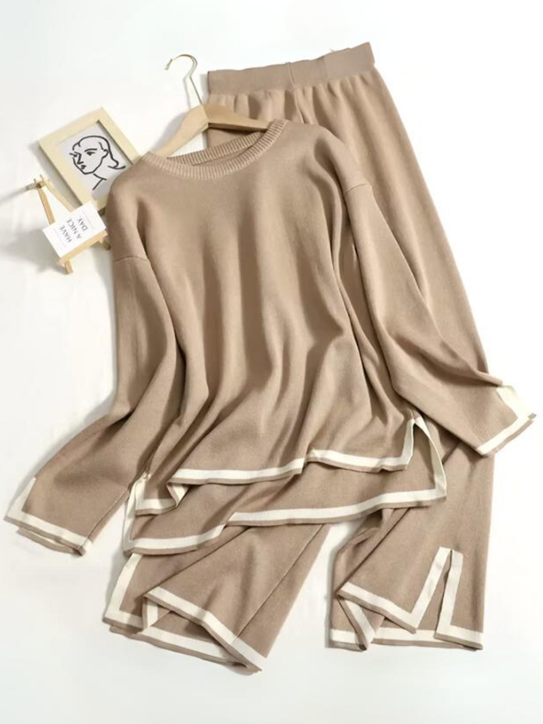 Womens Cozy O-Neck Sweater Wide-Leg Pants 2-Piece Lounge Set