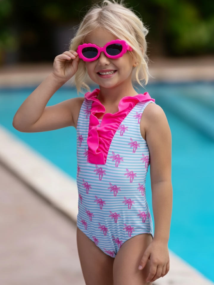 Palm Tree Breeze Ruffle One-Piece Swimsuit