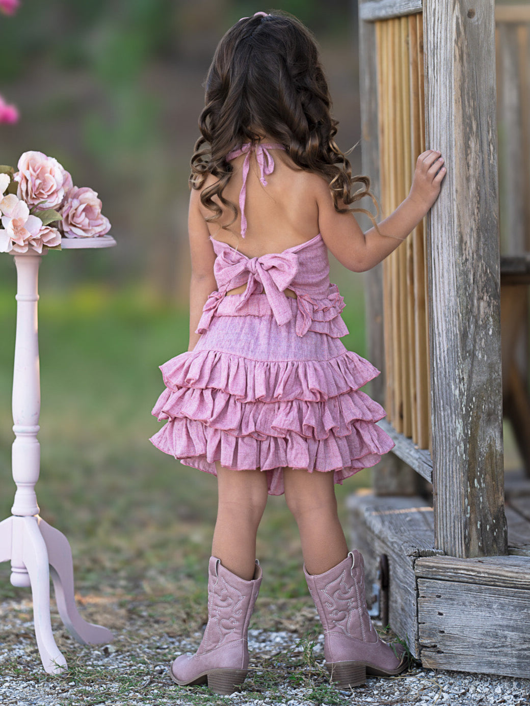 Rosewood Linen Ruffle Halter Top and Skirt Set – Mia Belle Girls