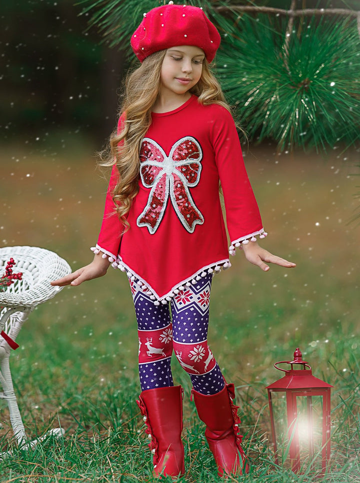 Girls Asymmetric Long Sleeve Ombre Pom Pom Tunic & Leggings Set - Red