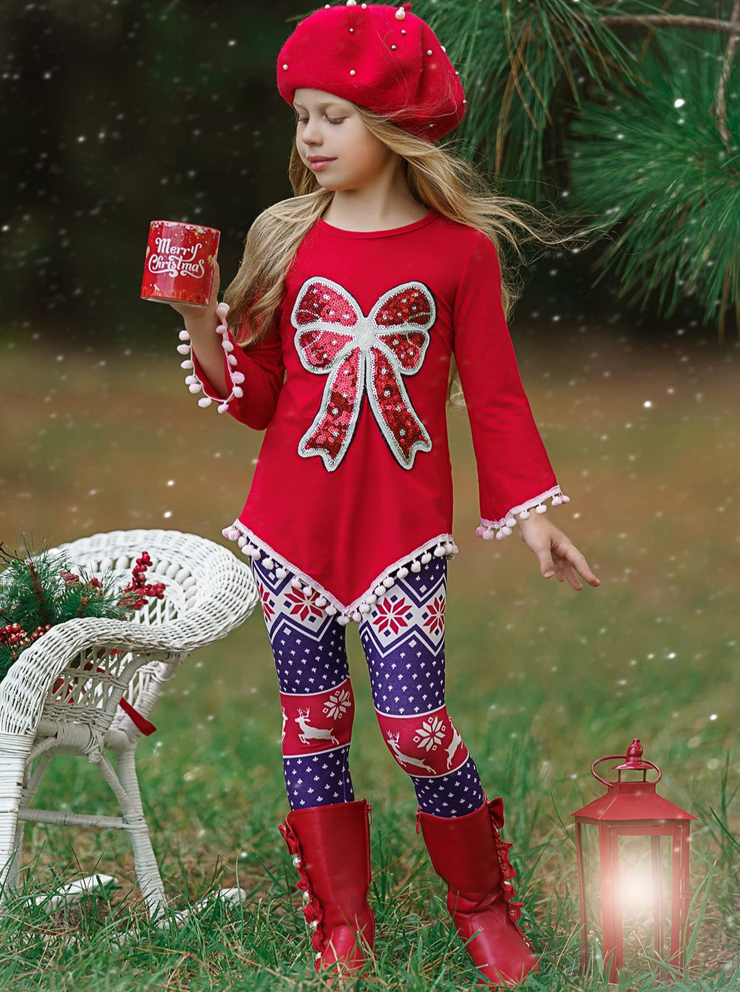 Girls Asymmetric Long Sleeve Ombre Pom Pom Tunic & Leggings Set - Red
