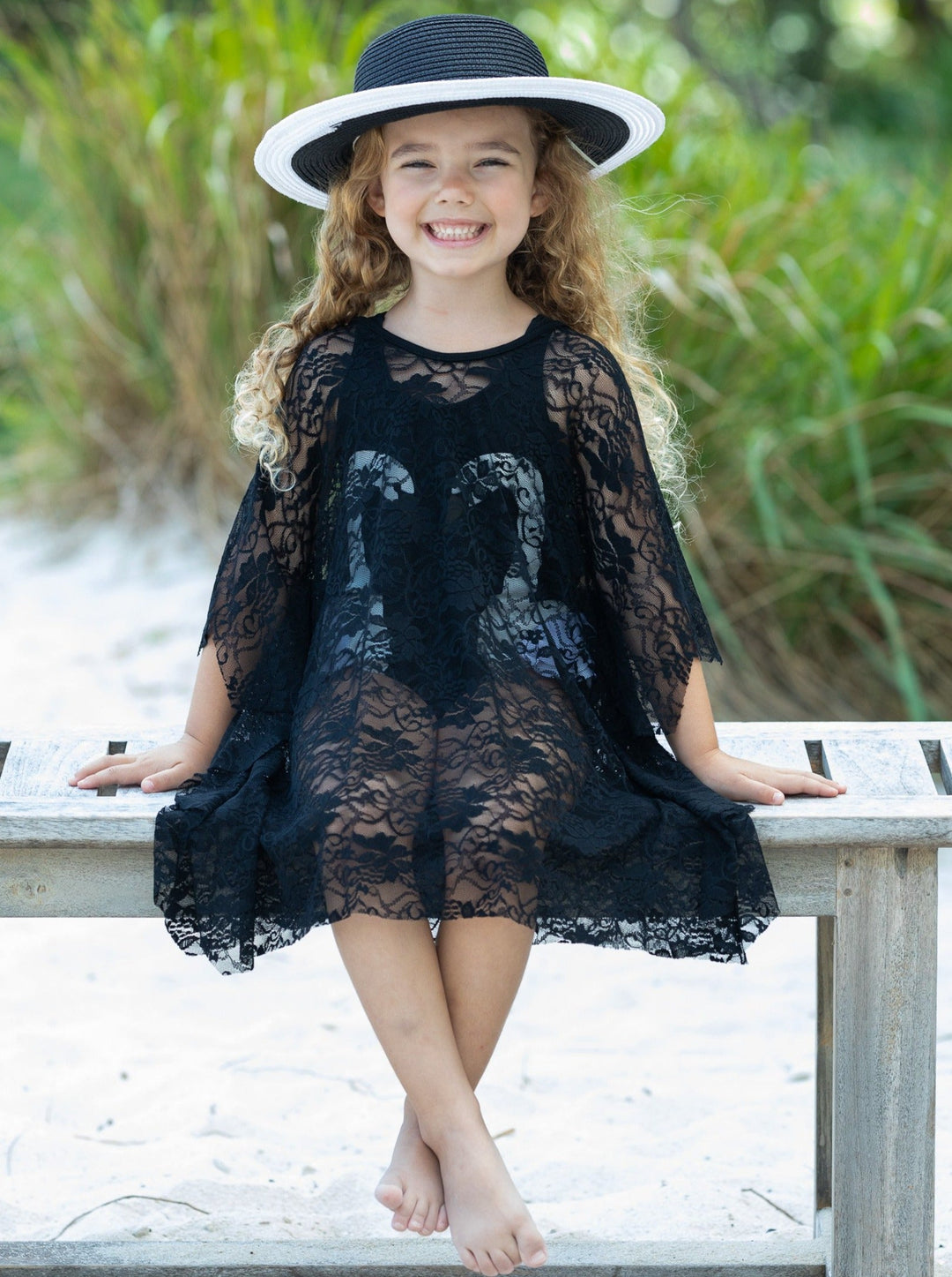 Mommy And Me Resort Wear Matching Black Lace Kaftan Swim Cover