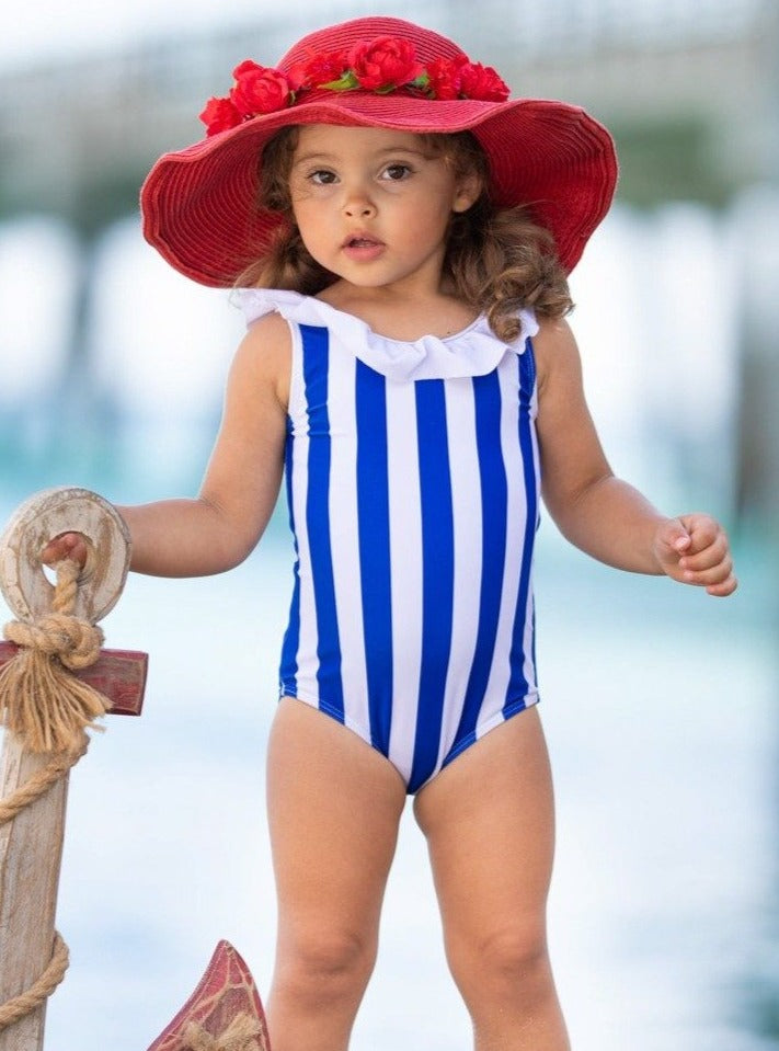 Kids Swimsuits | Little Girls Striped Ruffle Bib One Piece Swimsuit