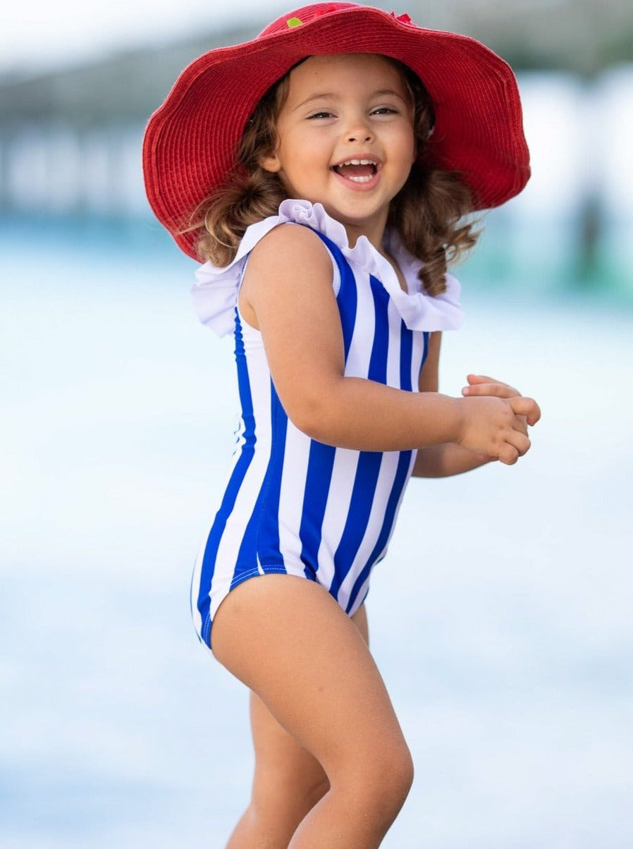 Kids Swimsuits | Little Girls Striped Ruffle Bib One Piece Swimsuit