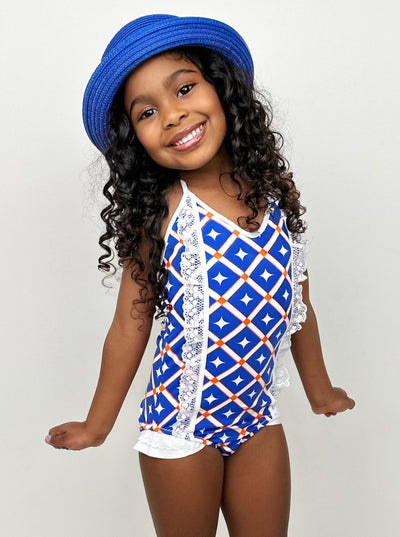 Kids Swimsuits | Little Girls Ruffle Lace Abstract One Piece Swimsuit