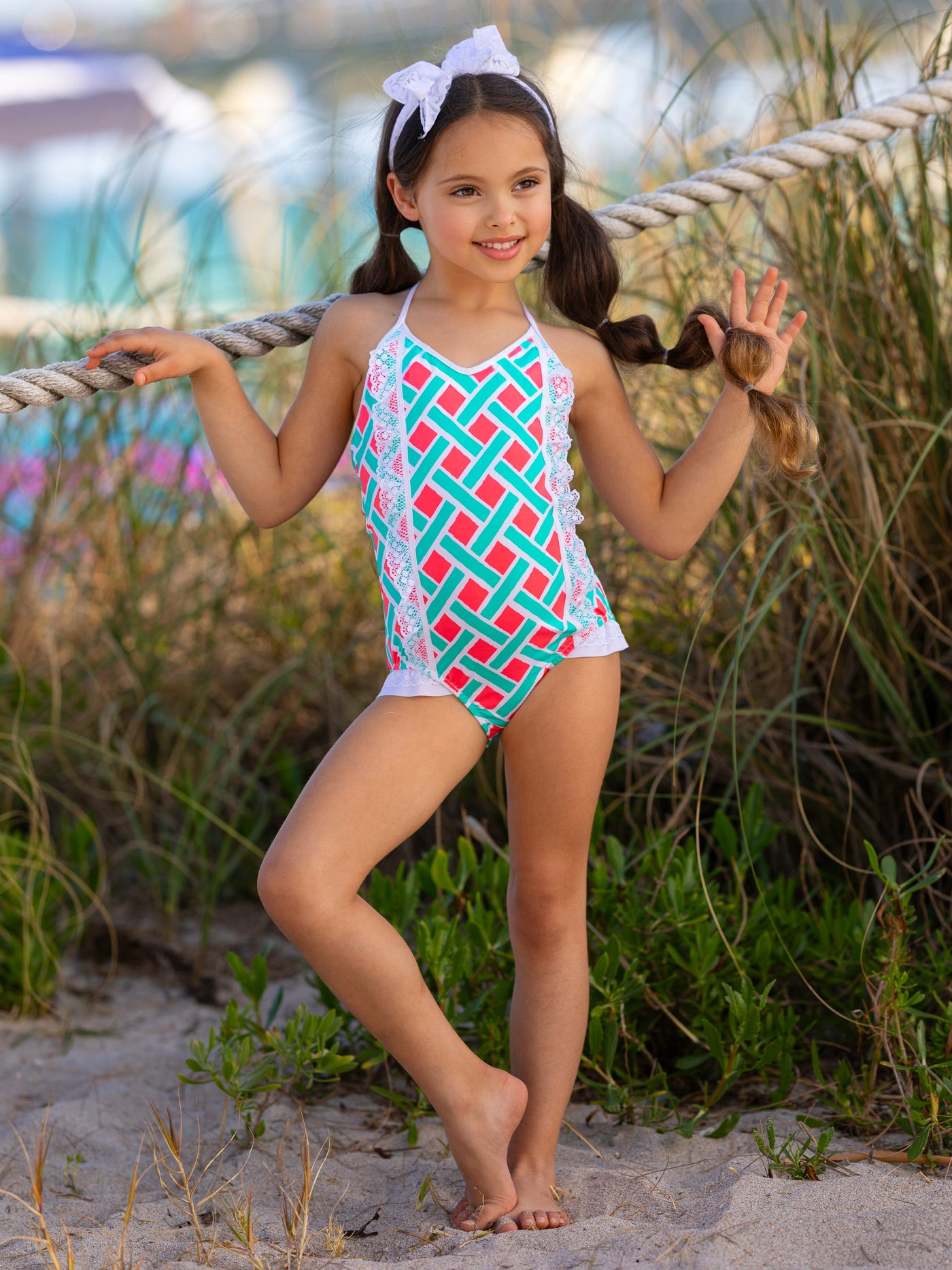 Kids Cute Swimsuits | Girls Abstract Ruffle Lace One Piece Swimsuit